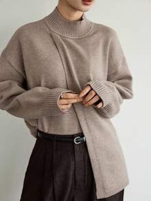 Dazy-Less 女士宽松商务休闲不对称领套头毛衣，纯色简约基本款上衣，秋冬 - 駝色 - 查看 9