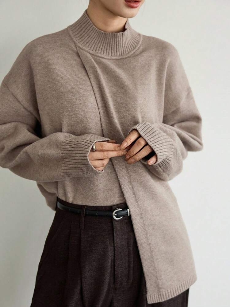 Women's Loose Business Casual Asymmetric Collar Pullover Sweater, Solid Color Simple Basic Top, Autumn/Winter