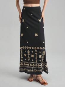 Ontre 2025 秋季女式休闲度假刺绣裙，时尚长款休闲裙，适合海滩、办公室、海滩度假、节日、派对、度假风格 - 黑色 - 查看 1