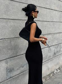 DAZY 女式纯色修身腰高领短袖优雅长款毛衣裙，秋冬 - 黑色 - 查看 4