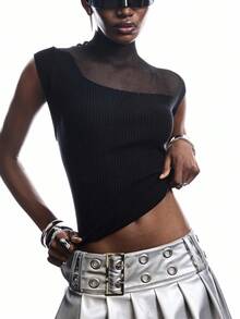 LYSMO 女士纯色罗纹立领短袖修身时尚上衣，适合外出、返校、毕业典礼、街头风、朋克风、Y2K风和斯德哥尔摩风派对穿着，2025新款极简主义秋季款 - 黑色 - 查看 4