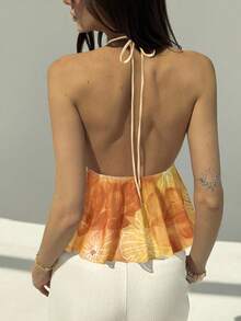 Aloruh 全新花卉和热带印花性感深 V 领露背短款上衣，适合外出、海滩、度假 - 黃色 - 查看 2