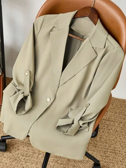 GlowEve 女式纯色翻领卷袖单排扣休闲通勤轻便夹克，秋季