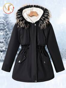 Girls' Detachable Faux Fur Collar Cinched Waist Parka Coat With Large Pockets, Suitable For Casual, Commute, School, Autumn/Winter Fall - Black - View 3