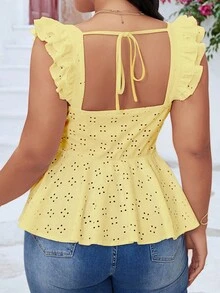Elenzga Plus Size Women's Vacation Floral Embroidery Tie Front Cap Sleeve Top - Yellow - View 2