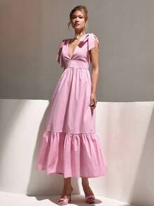 CLARA VERO Elegant Romantic Bow Shoulder Flowy Ruffle Hem Maxi Dress - Dusty Pink - View 7