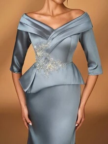 Serin Elegantes, luxuriöses Satin-Kleid mit Perlenstickerei und Spitze, Off-Shoulder Ärmel, Rüschen und Meerjungfrauenschnitt, geeignet für Hochzeiten, Partys, Urlaub, Galas, Konzerte, Abende, Brautmutterkleid