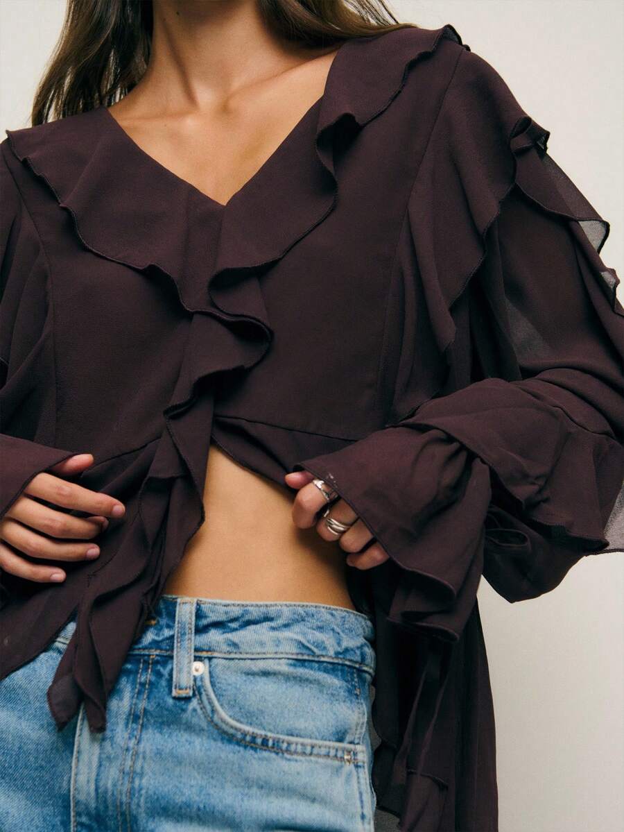 Nöista Áo voan dài tay nhún bèo màu tối lãng mạn. Thích hợp mặc riêng hoặc phối cùng áo cardigan trong mùa thu; hoàn hảo cho những buổi tối hẹn hò, tiệc tùng và đi chơi. - Cà phê nâu - Xem 1