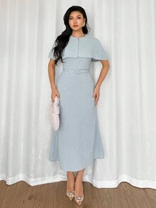 Feyla 女士优雅通勤纯色系带中长连衣裙 - 霧霾藍 - 查看 6