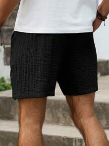 Genlund Men's Solid Color Simple Casual Patchwork Shorts, Holiday - Black - View 2