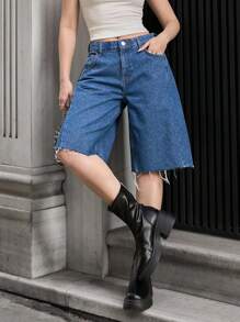 RueChic Low Waist Side Pleat Detailed Denim Short - Medium Wash - View 5