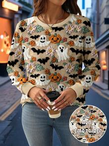 EMERY ROSE Apricot Ghost, Pumpkin, Bat Print Plus Size Halloween Raglan Sweatshirt Fall Cloth For Women Winter Autumn - Multicolor - View 1