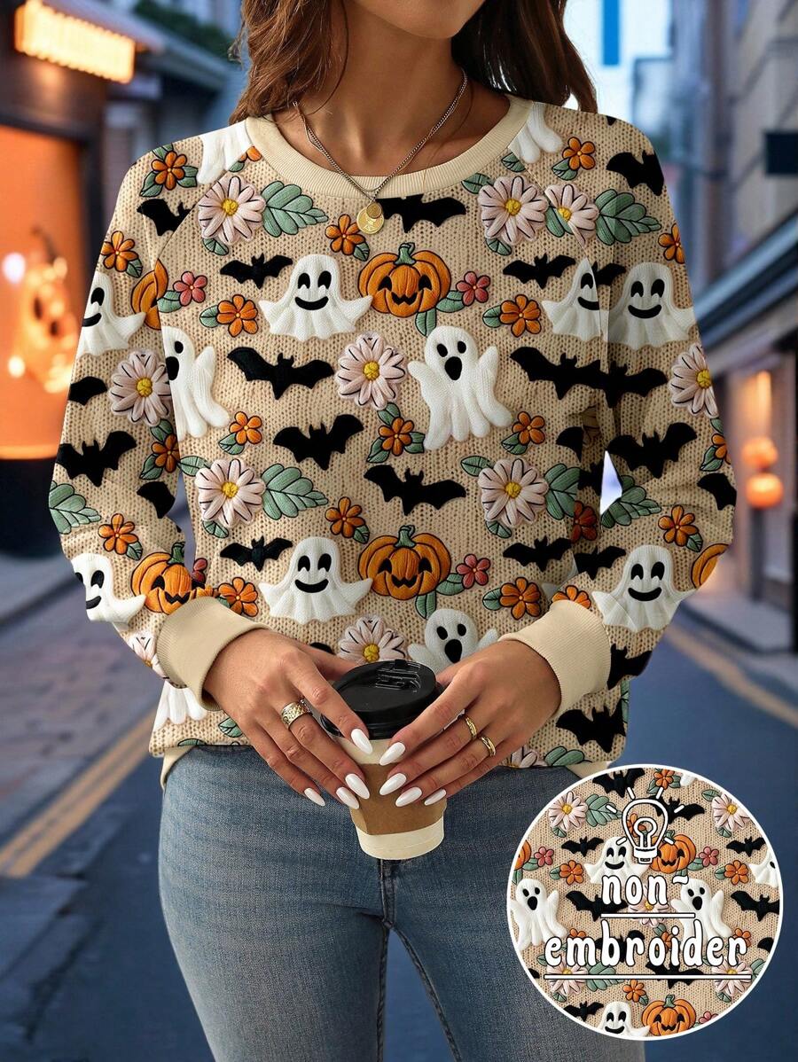 EMERY ROSE Apricot Ghost, Pumpkin, Bat Print Plus Size Halloween Raglan Sweatshirt Fall Cloth For Women Winter Autumn - Multicolor - View 1
