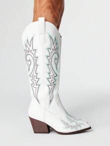 ROMWE Fairycore Women's Elegant Pointed Toe Chunky Heel Embroidery Western Cowboy Boots, Leather Upper, Slip-On, Knee-High, Outdoor Fashion, Autumn/Winter - White - View 4