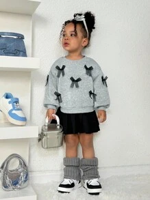 SHEIN Babygir Fashion Design Cute And Elegant Lady Baby Girl Adorable Knitted 2-Piece Set, Featuring A Long-Sleeve Sweatshirt With 3D Bow Decoration And An Elastic Waist Skirt, 2 Pieces In Total. Bow Sweatshirt, Black Pleated Skirt, Autumn And Winter Style Suitable For Indoors And Outdoors, Warm And Fashionable, Simple Style, Suitable For Indoor, Outdoor, Daily Wear, Sports, Playtime, Parties, Photoshoots, Vacations, And Festive Occasions. - Multicolor - View 3