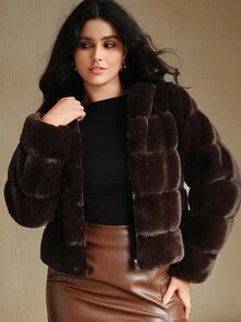 Anewsta Chaqueta de moda de manga larga con abertura frontal y piel sintética para mujer de talla grande, otoño/invierno - Café integral - Ver 3