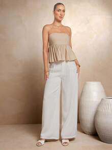 L'Amorae Women's Linen Strapless Top With Peplum - Apricot - View 4