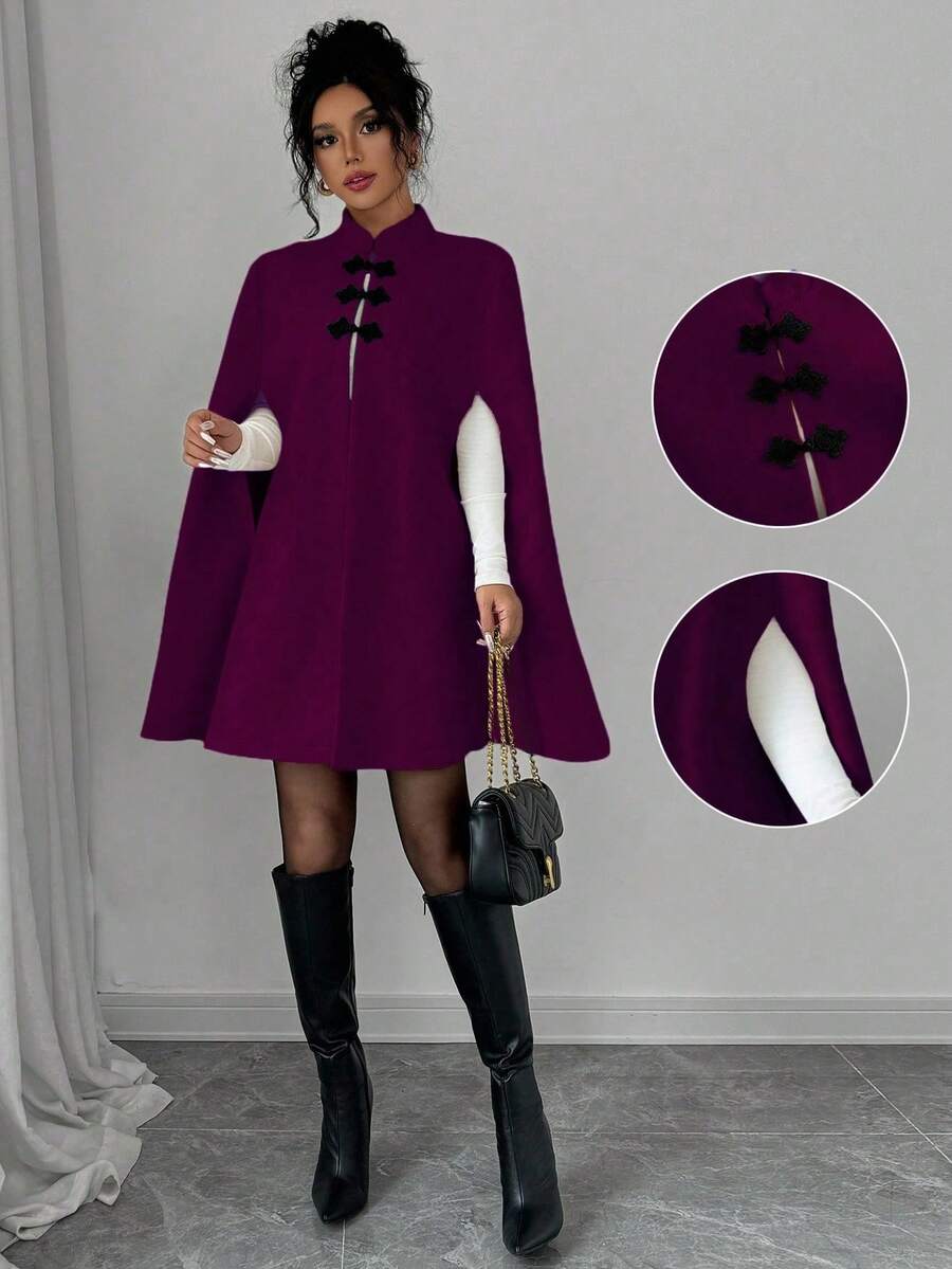 Elenzga 优雅立领撞色中式纽扣斗篷斗篷女款，厚羊毛面料，秋冬 - 紫色 - 查看 1