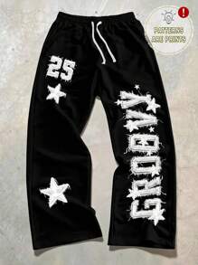 Manfinity EMRG Calça de moletom masculina moderna, casual, estilo jovem, estilo urbano, com letras bordadas e estampa de estrelas, com estampa digital, adequada para encontros, reuniões, combinação de casais, ótimo presente para namorado, estilo emo, anos 2000 - Preto - Ver 1