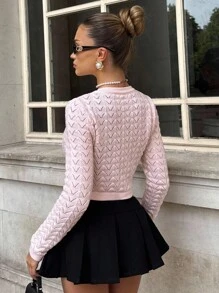 Glamine 秋冬镂空针织粉色短款开衫，优雅女士纽扣前毛衣 - 粉色 - 查看 2