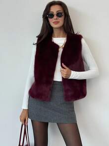 Aloruh Sleeveless Basic Outerwear, Elegant Fashion Faux Fur Coat In Fall/Winter - Burgundy - View 3