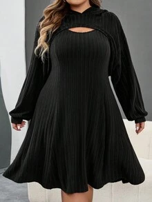 SHEIN CURVE+ 大码黑色厚罗纹卫衣连衣裙，两件套，初秋/秋冬 - 黑色 - 查看 4