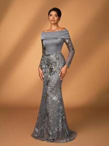 Serin Robe sirène à manches longues en satin élastique froncé, avec patchwork de dentelle brodée de sequins. Élégante et luxueuse, convient pour le mariage, les fêtes, les enterrements de vie de jeune fille, les vacances, le bal de promo, la mère de la mariée. - Gris - Voir 4