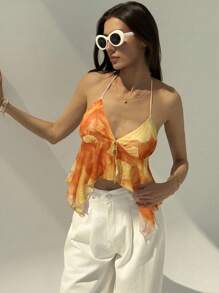 Aloruh 全新花卉和热带印花性感深 V 领露背短款上衣，适合外出、海滩、度假 - 黃色 - 查看 5