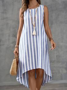 EMERY ROSE Summer Vacation Casual Colorblock Striped Asymmetric Hem Sleeveless Dress - Multicolor - View 3