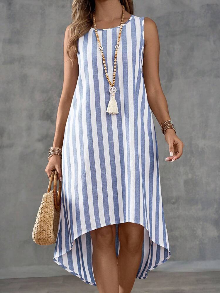 Summer Vacation Casual Colorblock Striped Asymmetric Hem Sleeveless Dress