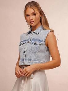 WESTFADE Collared Button Front Boxy Cute Bow Back Cut Out Western Denim Vest Top For Spring Summer Beach Vacation - Light Wash - View 5