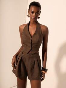 Zivah 2025 Summer New Arrival Music Festival, Birthday Party, Graduation, Student, Daily Casual, Basic Versatile, Leisure, Cruise Travel, Beach, Sunbathing, Viral , Elegant, Commute, Halter Neck, Sexy Backless, Front Button, Ruffle, Dual-Tone Bamboo Fiber, Linen, Coffee Brown Set - Coffee Brown - View 4