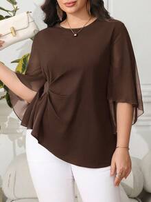 Reflora Plus Size Women's Solid Color Round Neck Mesh Flare Sleeve Ruched Waist Elegant Blouse/Fall/Winter - Coffee Brown - View 5