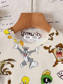 LOONEY TUNES X SHEIN Young Boy 2pcs/Set Casual Cartoon Graphic Crew Neck Short Sleeve T-Shirts, Blue & Apricot, Summer - Multicolor - View 5