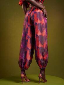 NYA SZN Spodnie Kami z wysokim stanem, ściągaczem, nadrukiem i siateczką, skromne, na specjalne okazje, na wesele, wieczór, urodziny, kościół, siateczka, jesienne stylizacje dla kobiet - Pomarańczowy - Zobacz 2