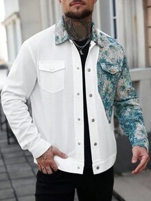 Manfinity CasualCool 男士花卉印花前扣口袋休闲长袖夹克，秋季 - 彩色 - 查看 5