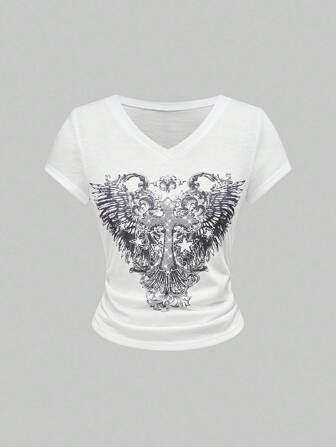 Fairycore Damen Mode Street Cross und Flügel Muster Kurzarm T-Shirt, Sommer