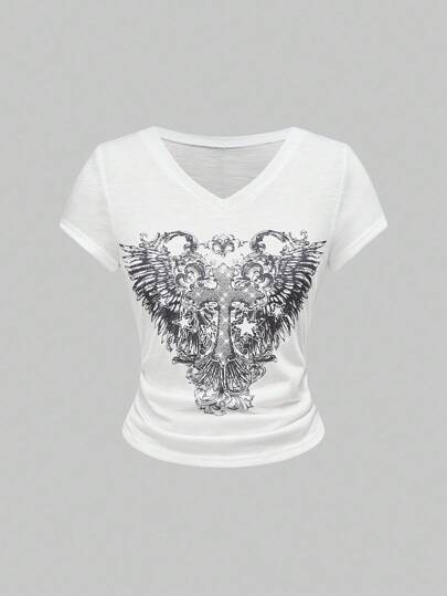 Fairycore T-shirt à manches courtes pour femmes avec imprimé croix et ailes, mode de rue, été