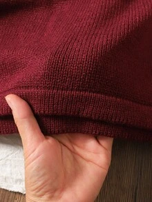 SHEIN 青少年女孩休闲提花纯色荷叶边下摆圆领长袖连衣裙，学院风，日常穿着，秋冬 - 酒紅色 - 查看 4