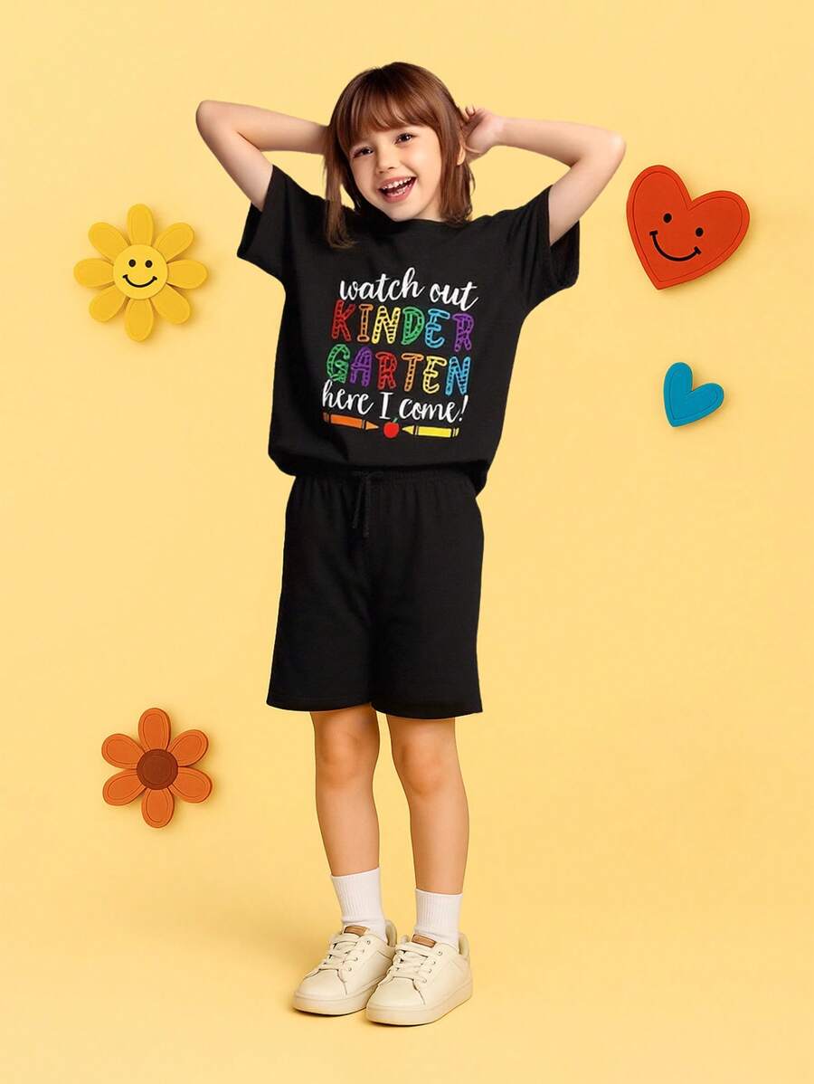 SHEIN Young Girls Casual Fashionable Comfy Cute Crayon & Alphabet Print Short Sleeve T-Shirt, Suitable For Kindergarten Wear, Summer, School, Campus, College - Black - View 1