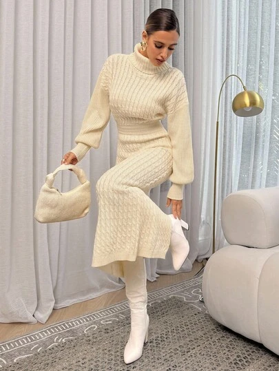 Lavishia Apricot 女士秋冬高领长款针织毛衣裙