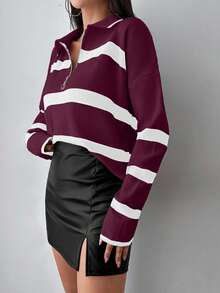 SHEIN PETITE Women's Casual Loose Striped Zip-Up Lapel Drop Shoulder Sweater, Autumn,Jumper,Cream Jumper,Jumpers,Christmas Jumper,White Jumper,Black Jumper,Ladies Jumper,Women's Jumpers - Burgundy - View 5