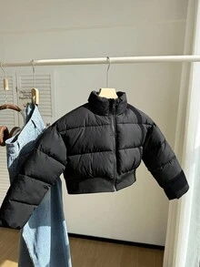 SHEIN Abrigo corto recto acolchado con cuello alto para niñas, adecuado para otoño/invierno