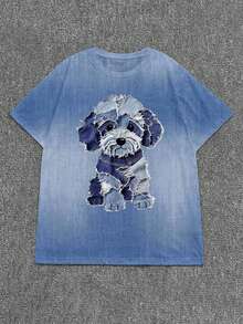 EMERY ROSE Plus Size Women Artistic Patchwork Puppy Print Casual Round Neck Short Sleeve Top, Suitable For Outdoor Wear - Multicolor - View 4