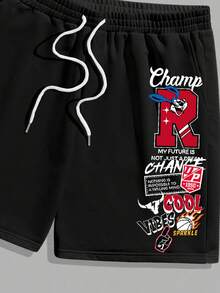 Manfinity Homme 男士休闲字母印花圆领短袖 T 恤和短裤套装，夏季舒适服装 - 黑色 - 查看 7