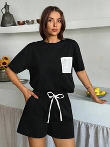 EURMUSE Quần Short Nữ Màu Trơn Thoải Mái Vừa Vặn Thường Ngày Tay Ngắn Thêu Phía Trước Túi Vá Và Eo Thun Dây Rút Ngắn Thường Ngày - màu đen - Xem 6