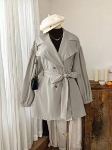 Comfortcana Plus Size Solid Color Turndown Collar Button Tie Belt Casual Minimalist Trench Coat,Fall Clothes For Women Winter Autumn