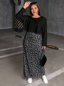 SHEIN Essnce 2 件套大码女式花卉印花圆领长袖 T 恤和细肩带连衣裙，休闲度假装，秋冬 - 彩色 - 查看 5