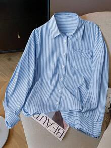 Franclia Áo sơ mi sọc xanh đơn giản phong cách Hàn Quốc dành cho nữ, áo dài tay cổ bẻ, thời trang xuân/hè 2025 mới - Màu xanh lam - Xem 6