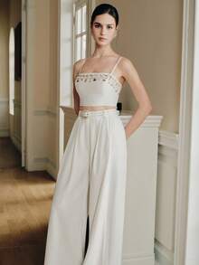 Anewsta 女士新款优雅珍珠串珠吊带背心上衣和白色裤子两件套 - 白色 - 查看 5